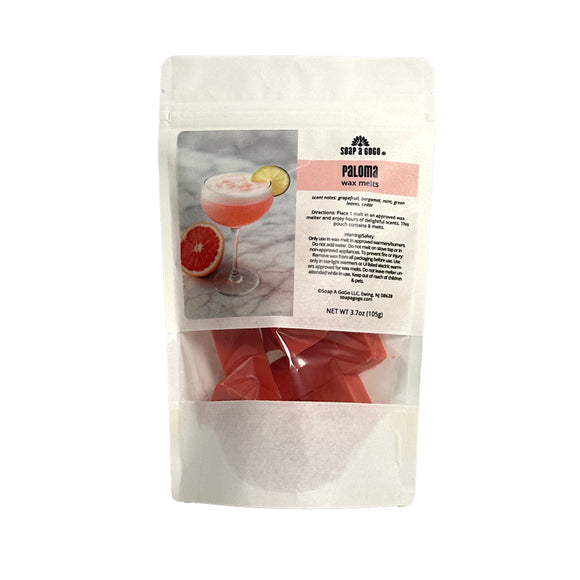 Packaged wax melts labeled 'Paloma' with a cocktail image on a white background
