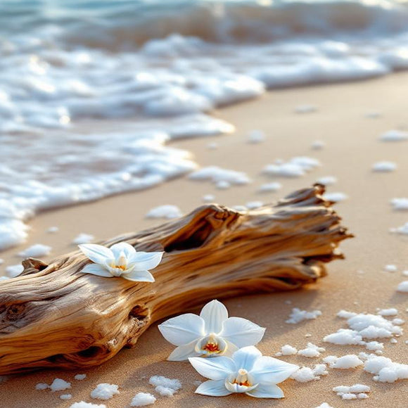 Driftwood with white flowers on a sandy beach with waves in the background
