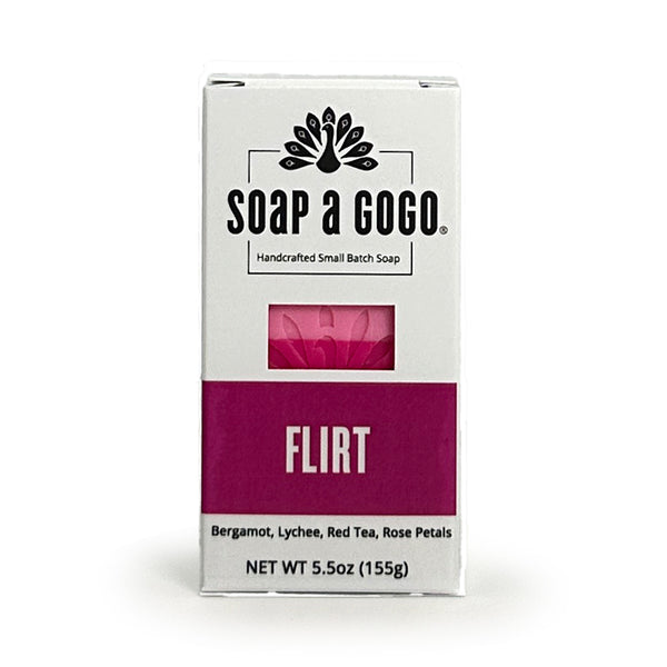 Soap a Go Go 'Flirt' soap bar packaging on a white background