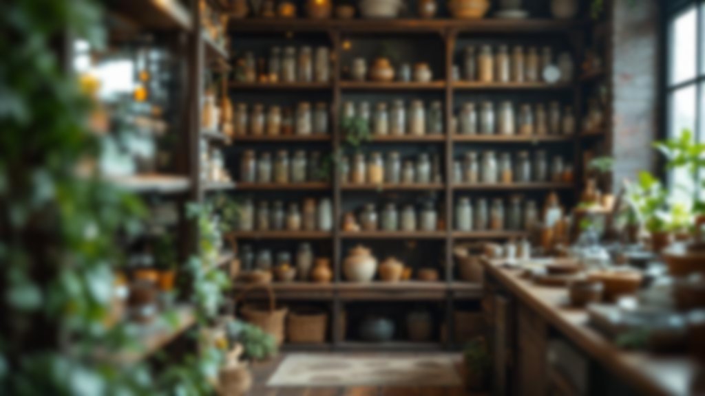 Jars of herbs and ingredients on wooden shelves.