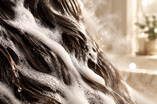 Wet hair covered in rich white lather in a steamy shower, representing solid shampoo and conditioner bars