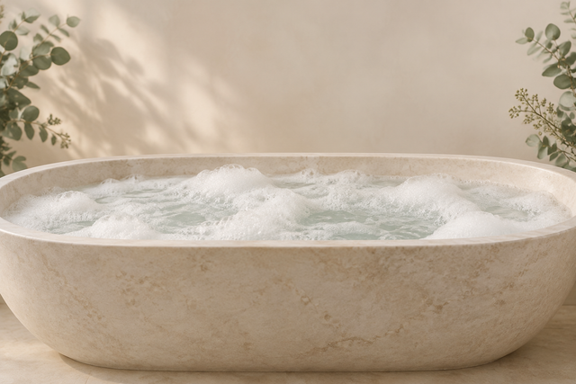 Pale bathtub filled with natural white fizz and airy foam for a relaxing bath