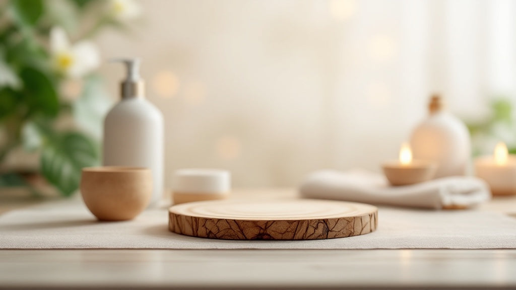 a blurred spa background with candles and bottles