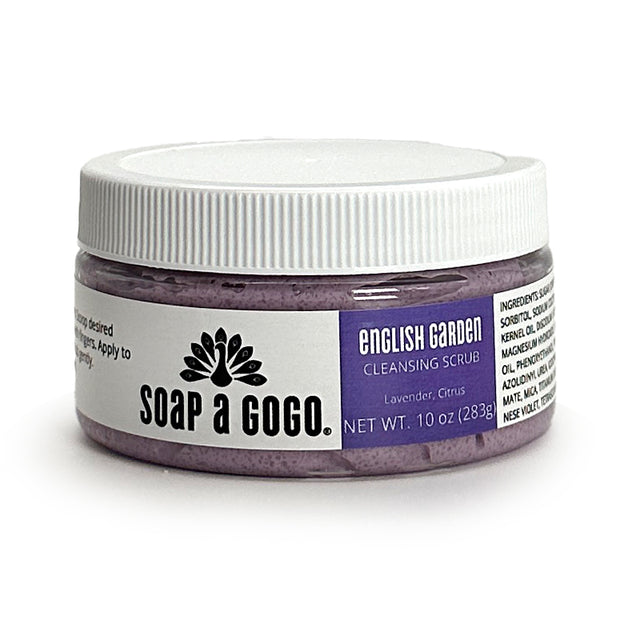 jar of English Garden scrub on a white background