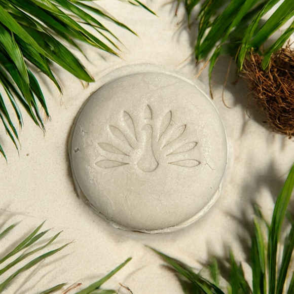 Round shampoo bar on sand surrounded by palm fronds