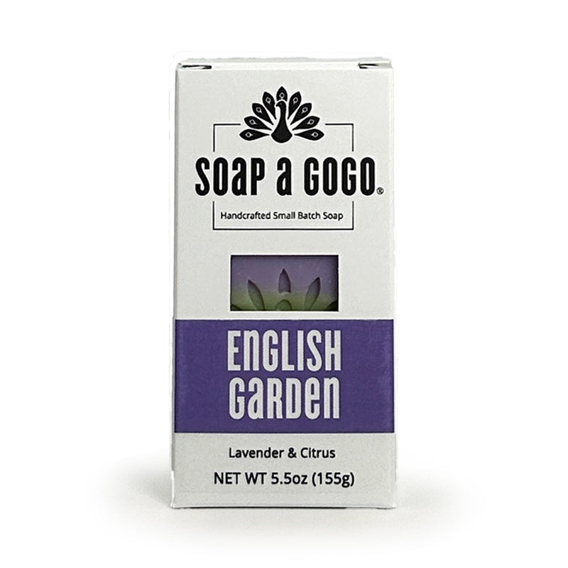 Soap a Go Go English Garden soap bar packaging on a white background