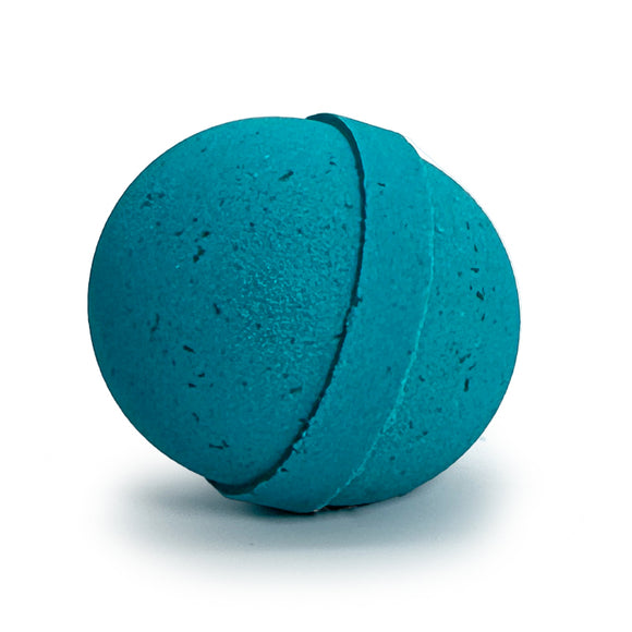 Teal bath bomb on a white background