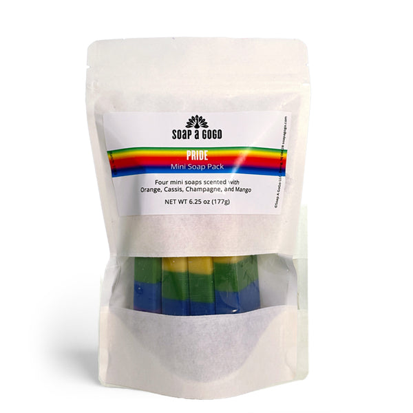 4-pack pouch of mini PRIDE soaps on a white background
