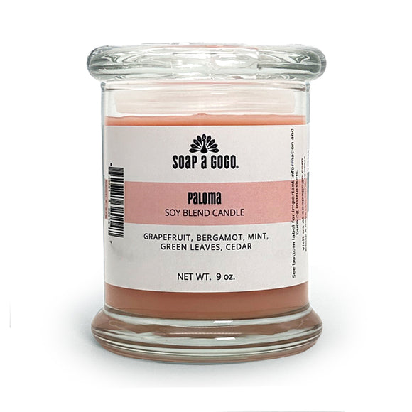 Soap a Go Go candle with 'Paloma' label on a white background
