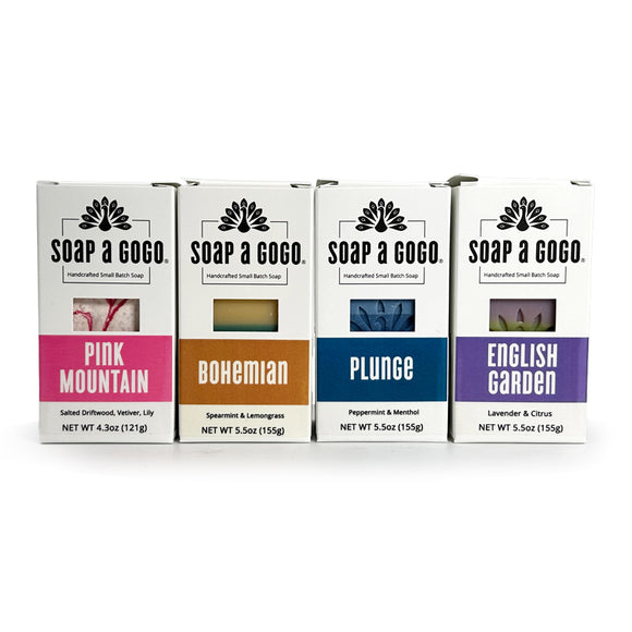 Four boxes of Soap a Go Go with different colored labels on a white background