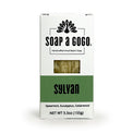 A rectangular white box of Soap a Gogo Sylvan handcrafted small batch soap, featuring a green band with the name 'sylvan' and a small clear window showing the soap bars inside.