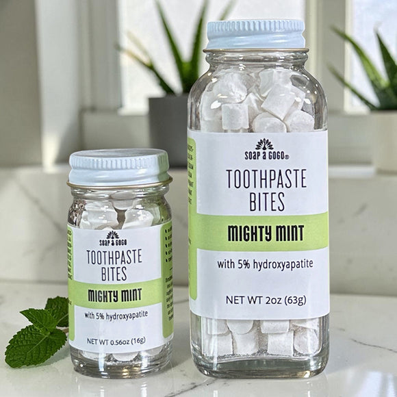 Two clear glass jars of Soap A GoGo Toothpaste Bites in Mighty Mint flavor, one small and one large, with white toothpaste bites visible inside and mint leaves on a light marble surface.