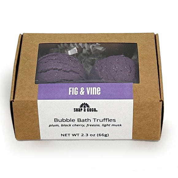 Box of Fig & Vine bubble bath truffles with a clear window showing the product.