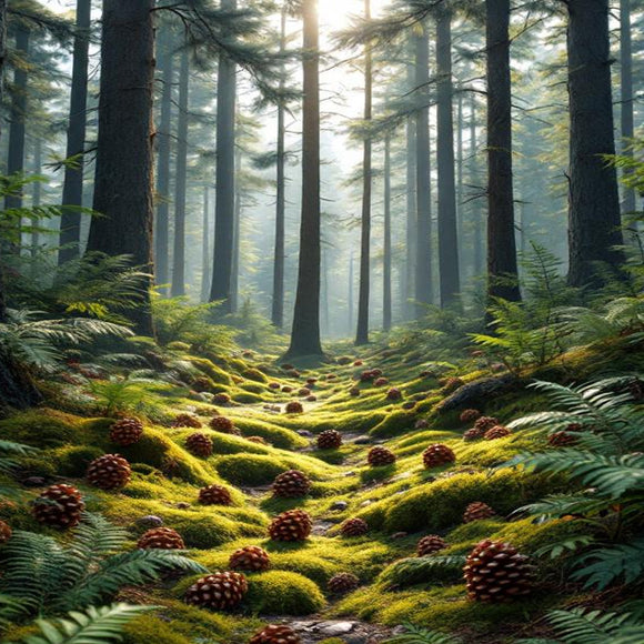 Misty forest with tall trees, moss-covered ground, and pine cones.