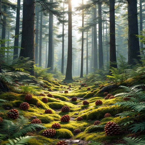 Misty forest with tall trees, moss-covered ground, and pine cones.