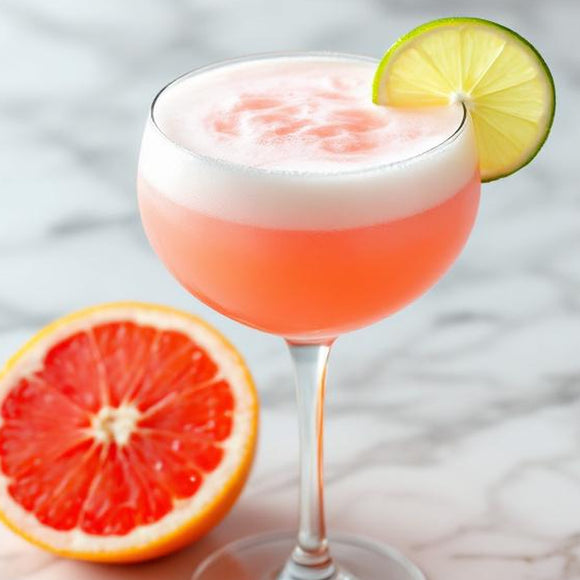 a half grapefruit and Paloma cocktail on white marble