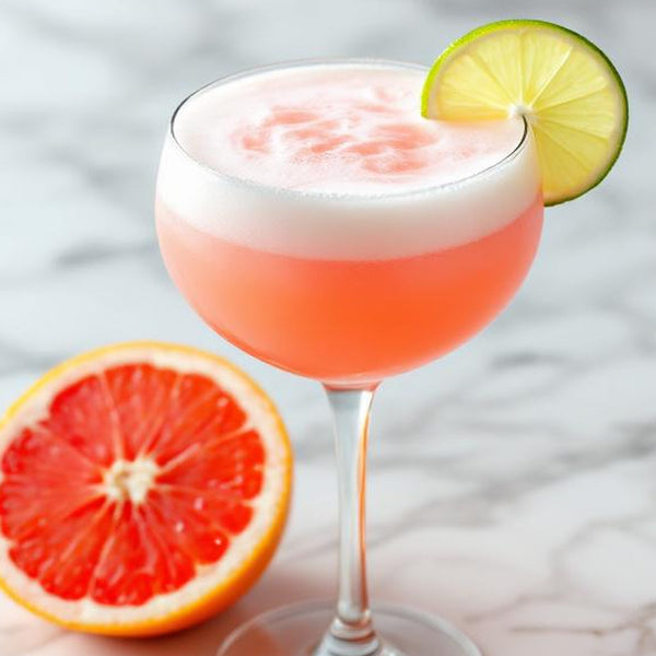 a half grapefruit and Paloma cocktail on white marble