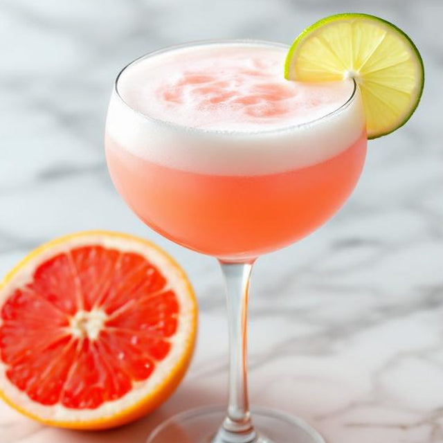 a half grapefruit and Paloma cocktail on white marble