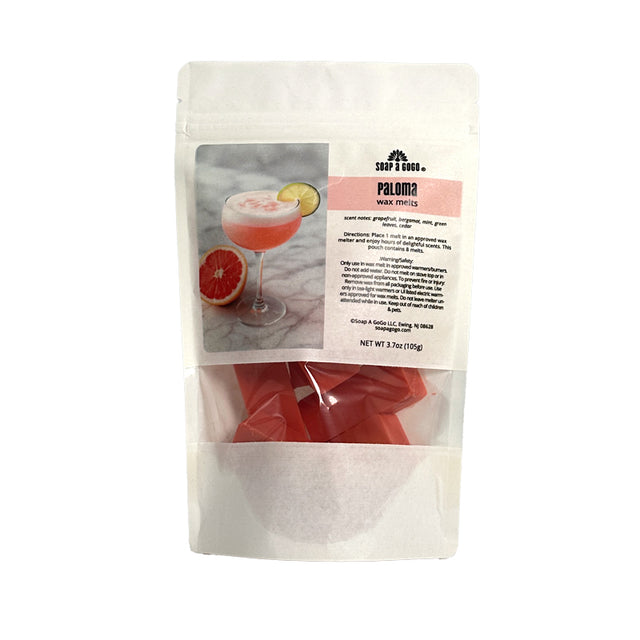 Packaged wax melts labeled 'Paloma' with a cocktail image on a white background