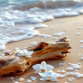 Driftwood with white flowers on a sandy beach with waves in the background