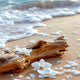Driftwood with white flowers on a sandy beach with waves in the background