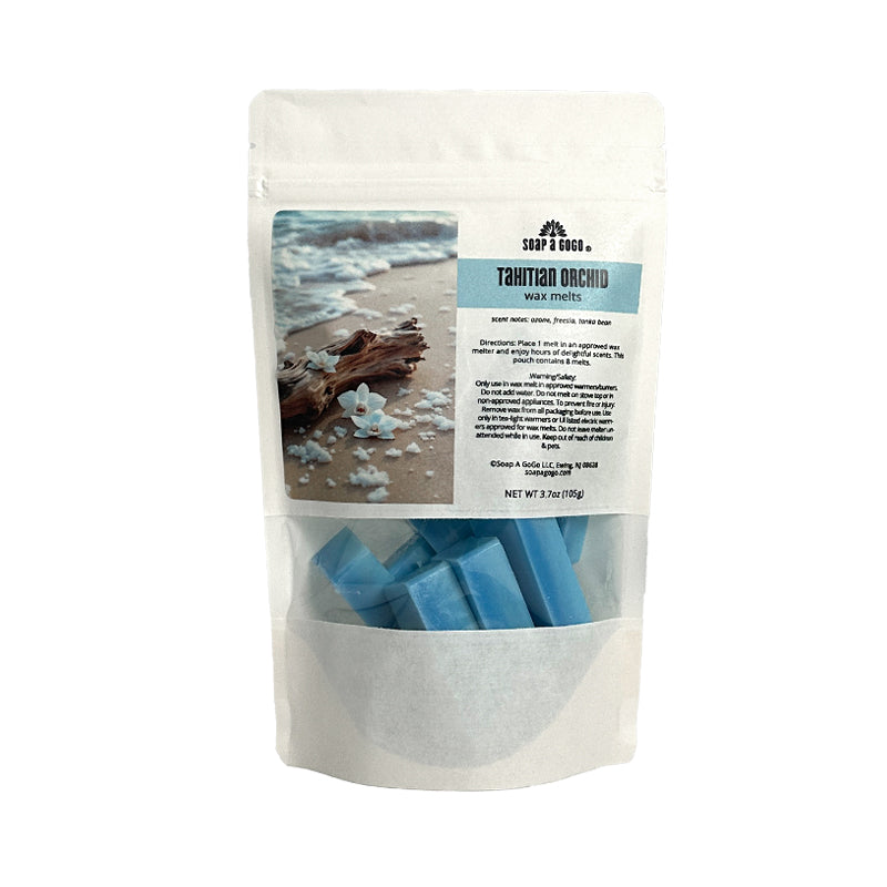 Packaged product with blue wax melts on a white background