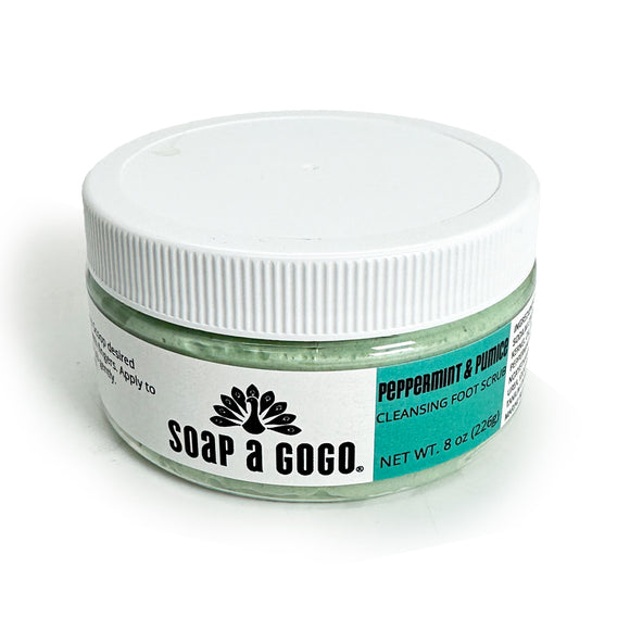 Jar of Soap a Go Go peppermint and pumice cleansing foot scrub on a white background